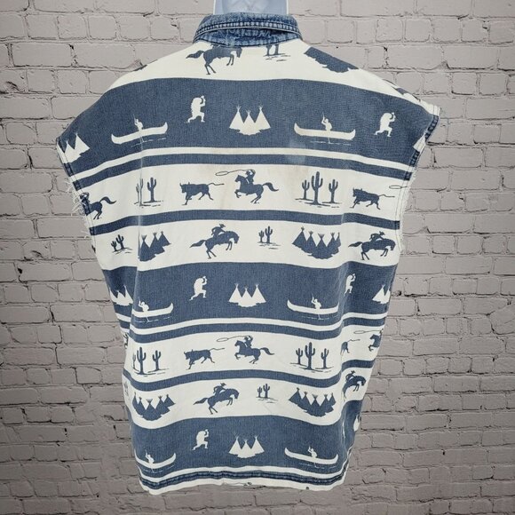 VTG Structure Activewear Blue White Western Cowboy Sleeveless Shirt USA Large - Picture 2 of 14